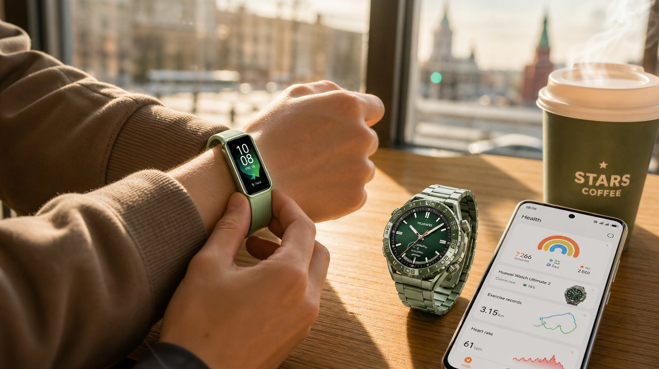 Pessoa ajustando smartwatch verde em mesa com relógio analógico, celular exibindo app de saúde e copo de café quente