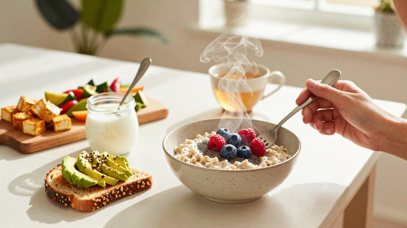 Café da manhã saudável com mingau quente, frutas vermelhas, abacate em pão integral, iogurte, vegetais e chá.
