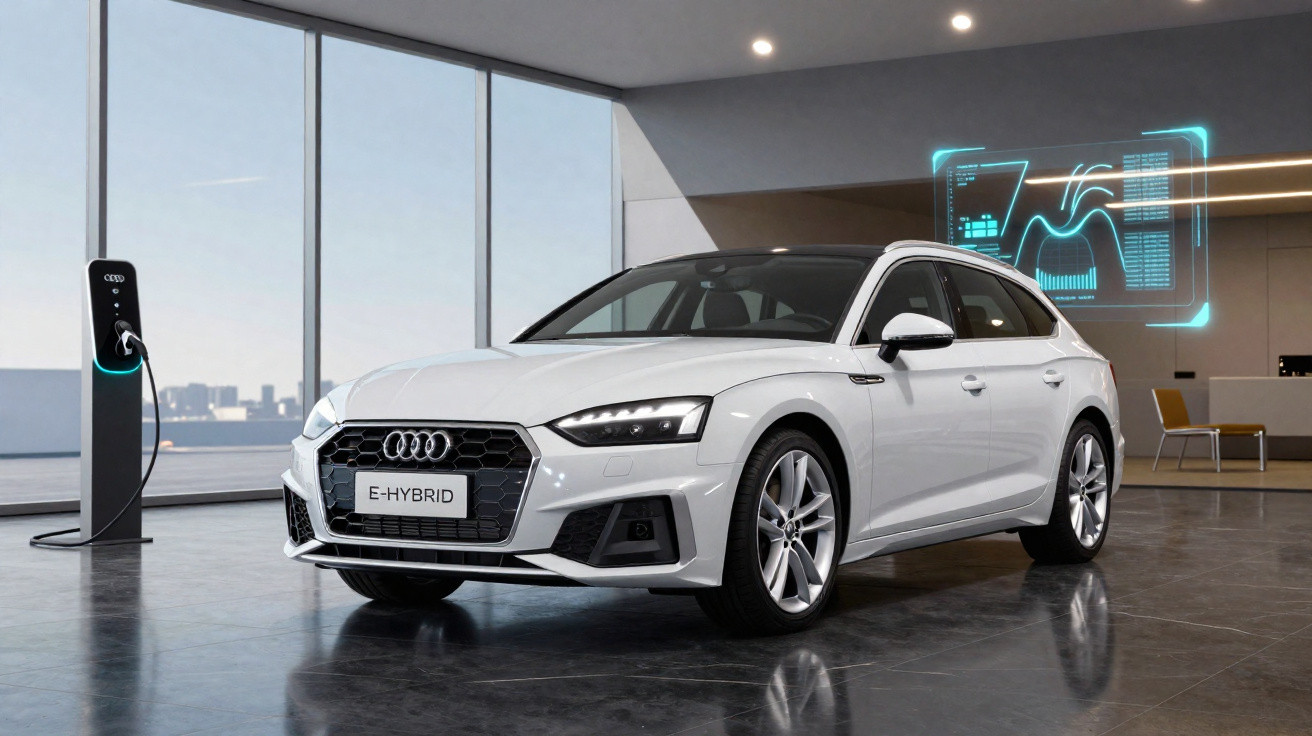 Carro branco Audi e-Hybrid estacionado em garagem moderna com estação de carregamento elétrico.