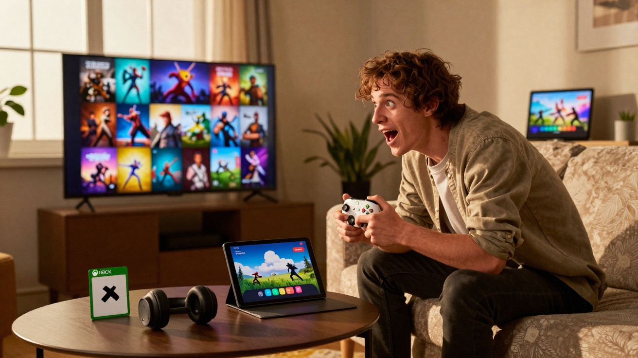 Jovem animado jogando videogame com controle, tablet e TV exibindo jogos em sala de estar aconchegante.