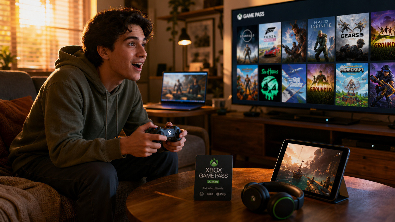 Jovem jogando videogame com controle Xbox em sala com TV, tablet, headset e cartão Xbox Game Pass na mesa.