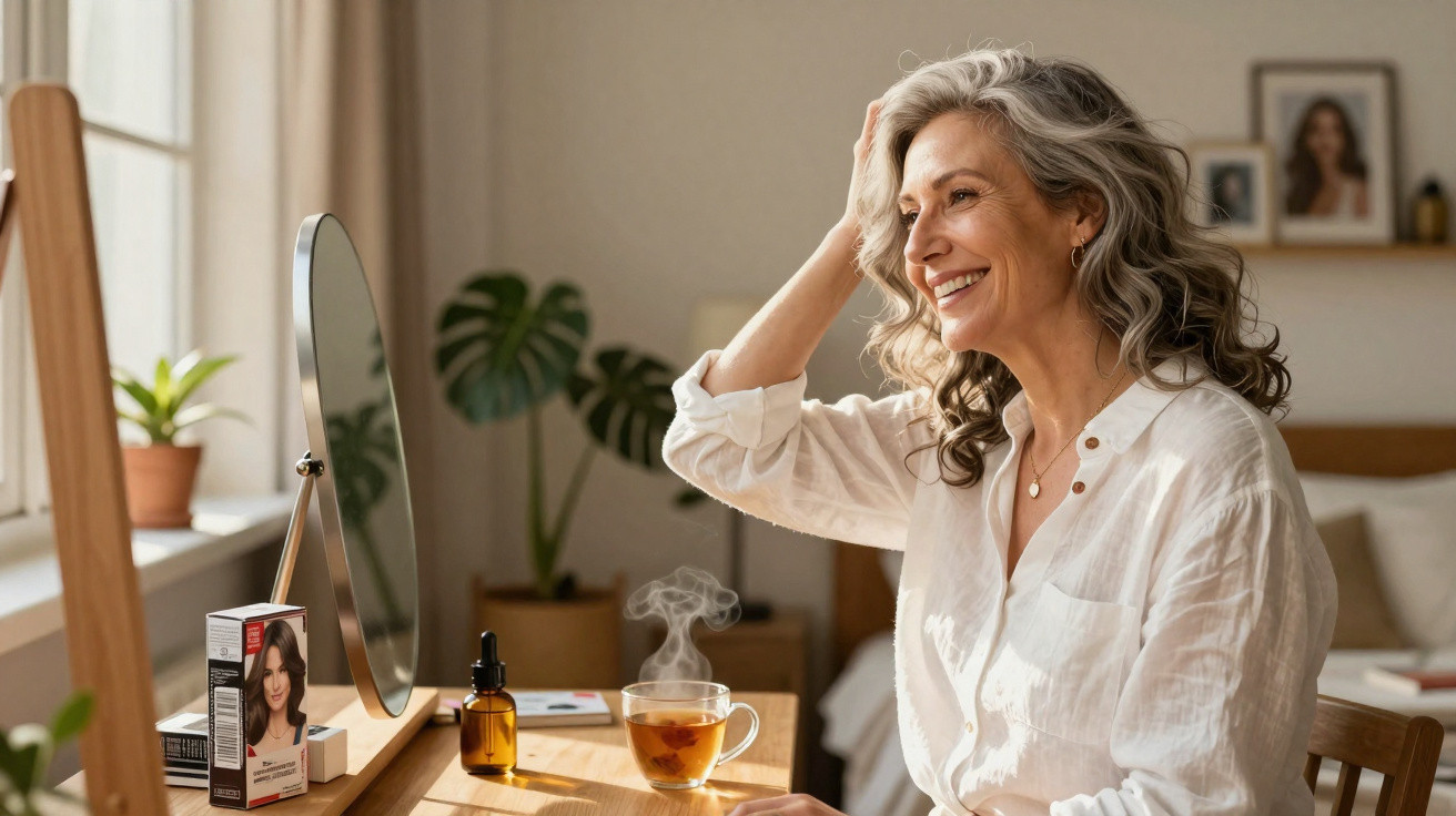 Mulher sorridente olhando no espelho enquanto toca o cabelo, sentada em mesa com chá e produtos.