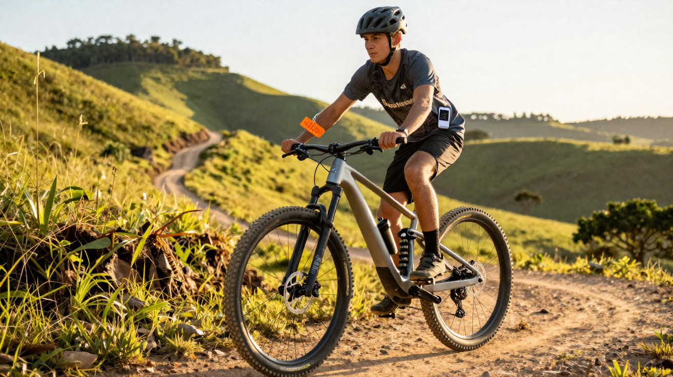 Homem com capacete pedalando bicicleta em trilha de terra cercada por vegetação e colinas ao entardecer.