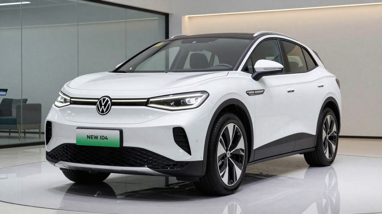 Carro elétrico Volkswagen ID.4 branco em exposição, vista frontal direita em ambiente interno moderno.