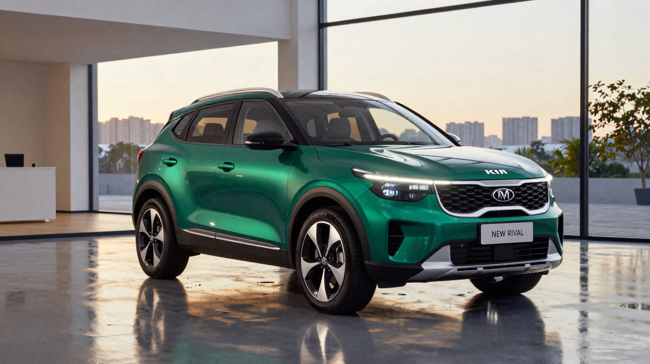 SUV verde Kia New Rival estacionado em ambiente interno com piso refletivo e grandes janelas.