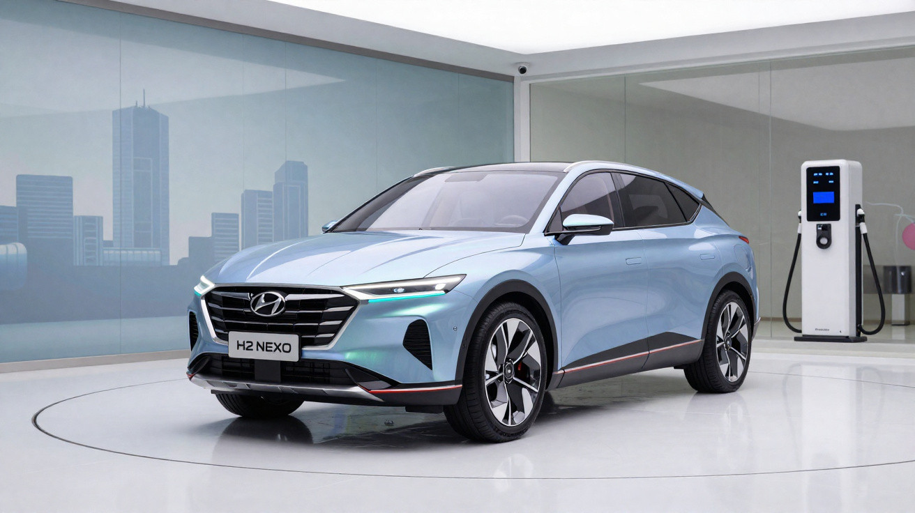 Carro Hyundai H2 Nexo azul claro em showroom moderno com estação de recarga elétrica ao fundo.