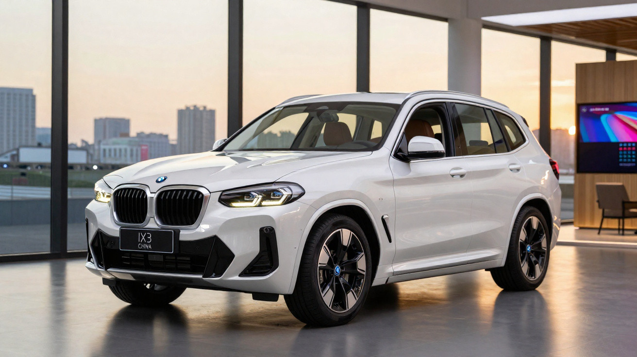 Carro SUV BMW iX3 branco estacionado em ambiente interno moderno com janelas grandes e luz natural.