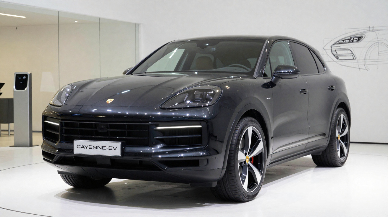 Carro elétrico Porsche Cayenne EV preto exibido em ambiente interno moderno.