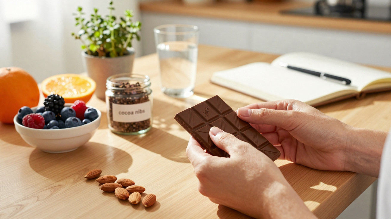 Pessoa segurando barra de chocolate perto de amêndoas, frutas, vidro de água, planta e caderno em mesa.