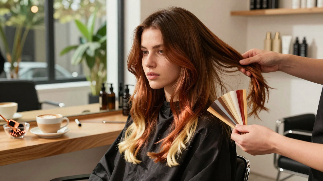 Mulher com cabelo longo sendo avaliada para coloração em salão de beleza, com paleta de cores na mão do profissional.