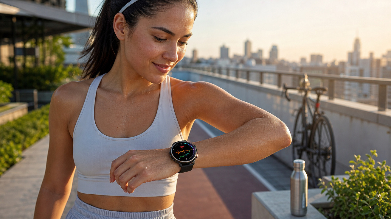 Mulher em roupa esportiva vê os dados de frequência cardíaca em relógio inteligente ao ar livre.