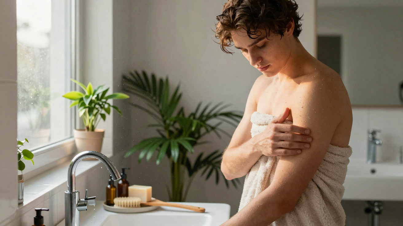 Jovem em toalha cuidando da pele do braço no banheiro com plantas e luz natural pela janela.