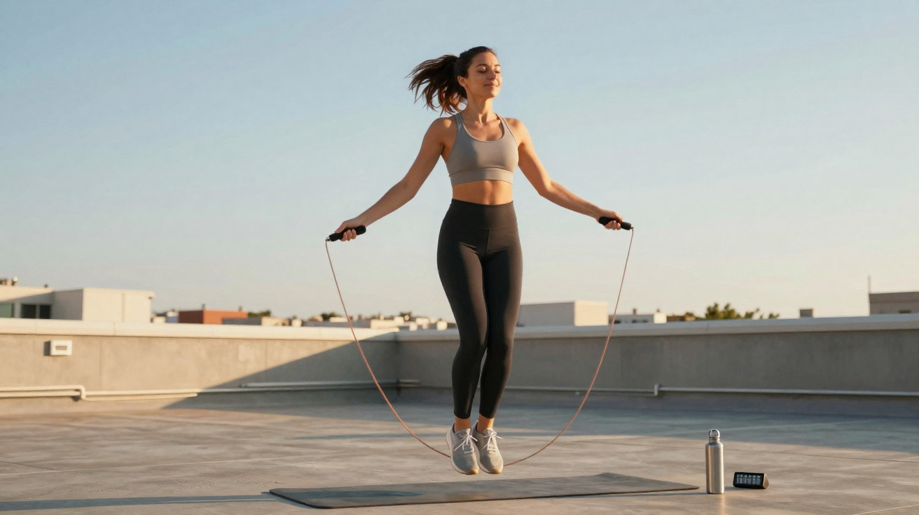 Mulher em roupas fitness pulando corda sobre tapete, em terraço com garrafa e relógio ao lado.