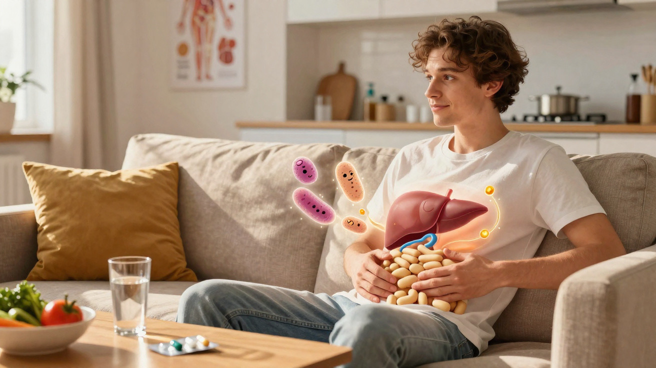 Jovem sentado no sofá segurando ilustrações digitais do fígado e intestinos com bactérias amigáveis.