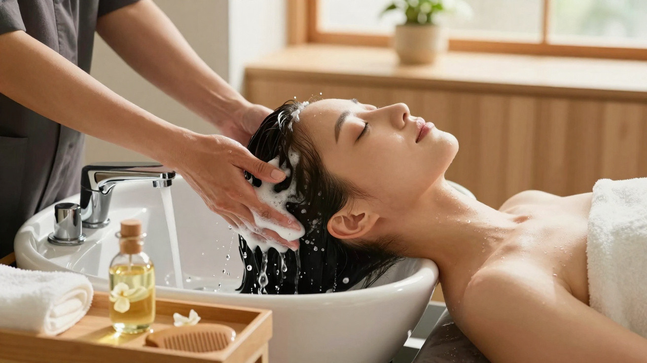 Mulher relaxando enquanto recebe lavagem de cabelo em salão com ambiente tranquilo e iluminado.