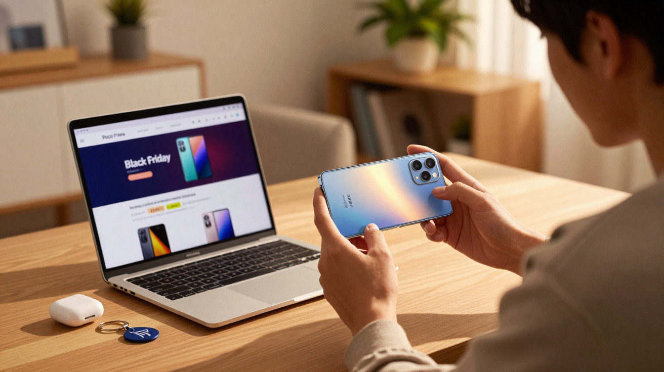 Pessoa segurando smartphone azul enquanto faz compras online em laptop com promoção de Black Friday.