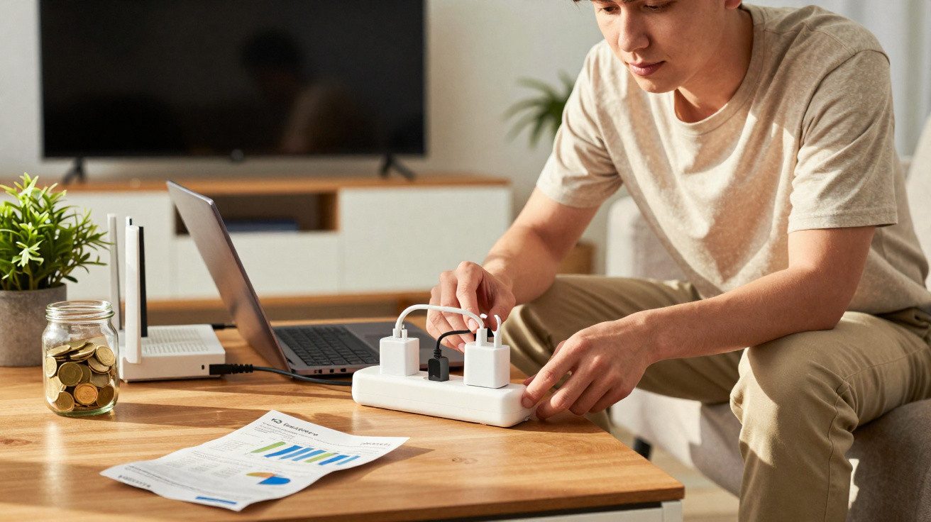 Pessoa conectando carregadores em uma régua de energia perto de laptop em mesa de madeira.