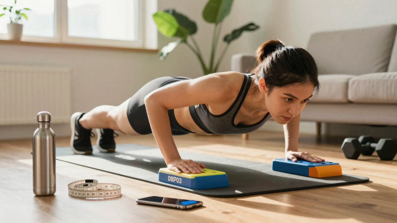 Mulher fazendo flexão apoiada em blocos de yoga em sala com equipamentos de ginástica ao redor.