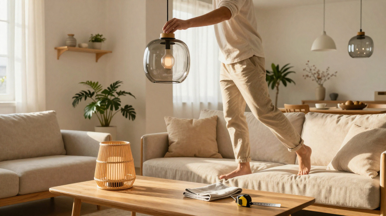 Pessoa segurando luminária moderna em sala de estar decorada com sofá, mesa de madeira e plantas.