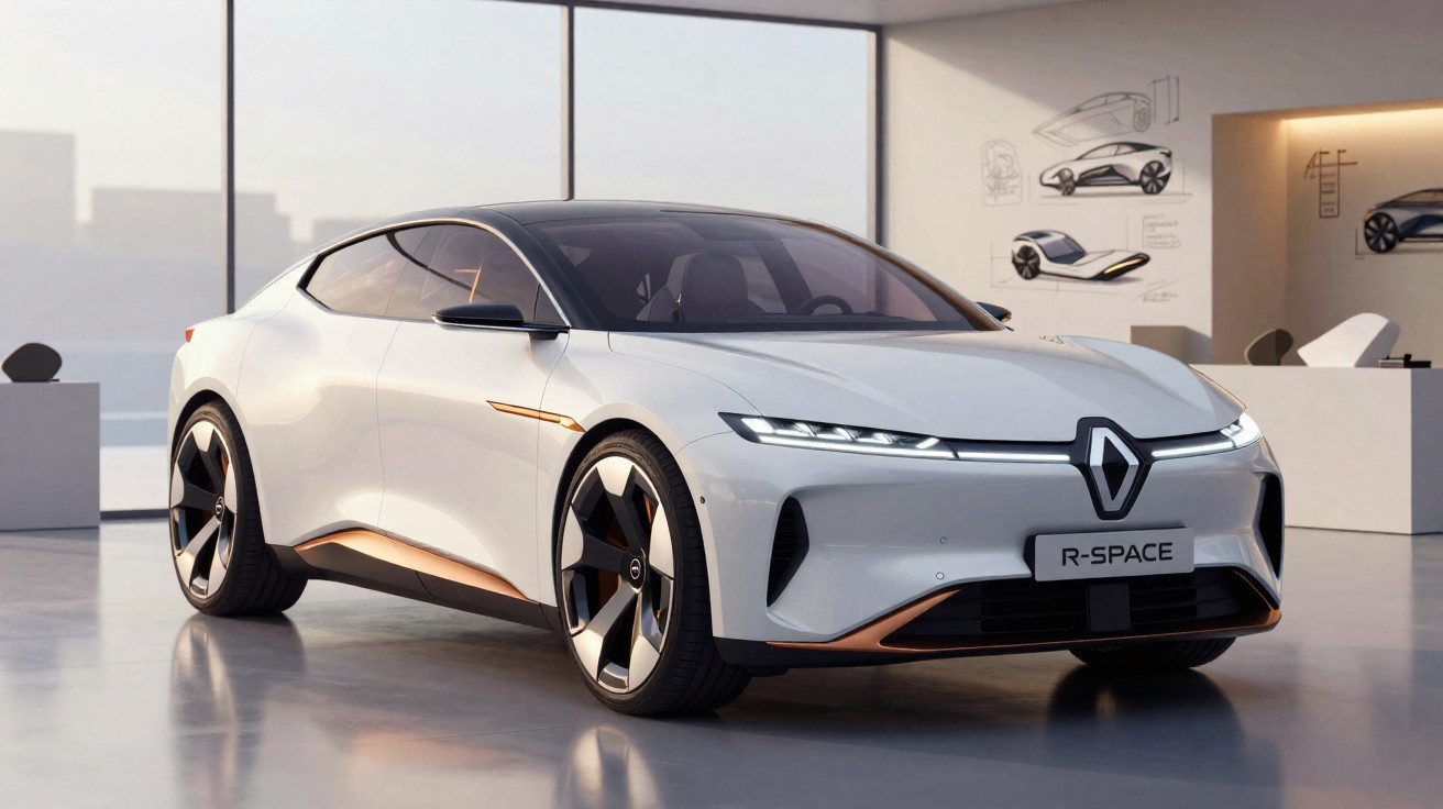 Carro elétrico conceito Renault R-Space branco em ambiente moderno com janelas amplas e desenhos automotivos na parede.
