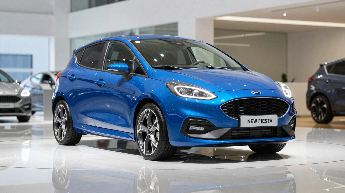 Carro hatch azul Ford New Fiesta exibido em salão de automóveis moderno e iluminado.