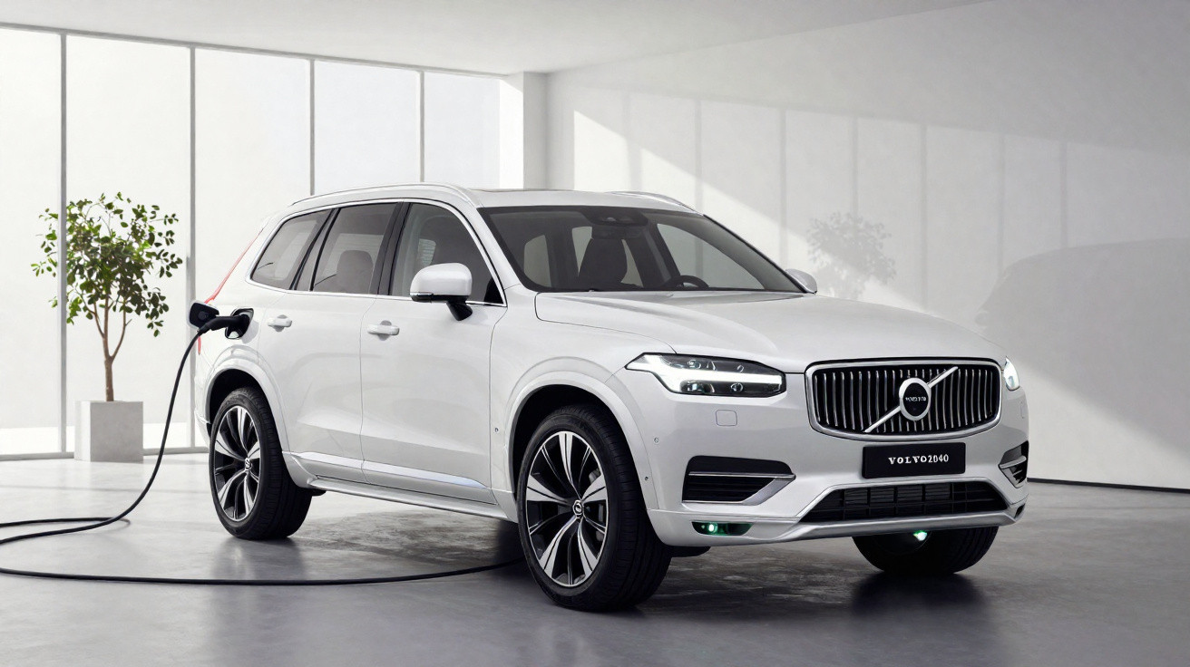 Carro SUV branco Volvo XC90 plugado para carregamento em ambiente interno moderno e minimalista.