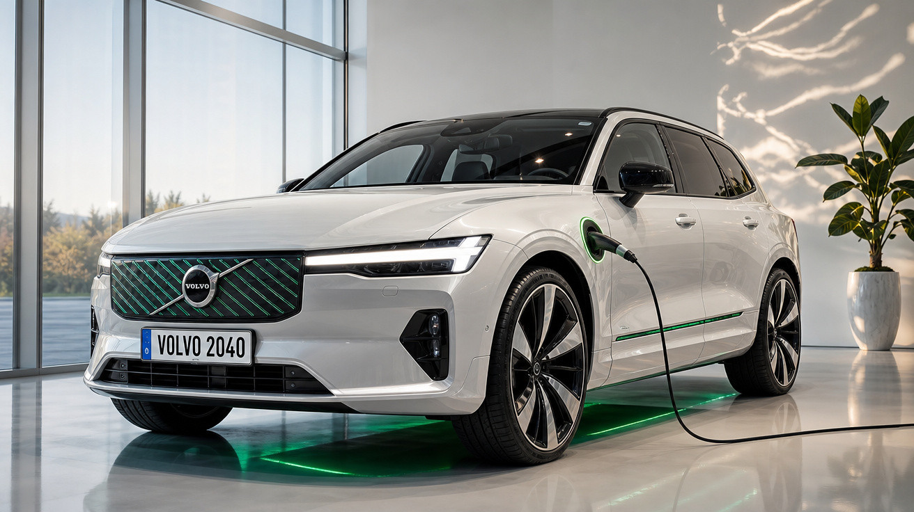 Carro elétrico Volvo branco estacionado em ambiente interno, conectado a carregador com luzes verdes no chão.