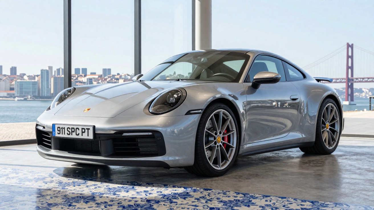 Carro esportivo Porsche 911 prata estacionado em espaço moderno com vista para a cidade e ponte ao fundo.