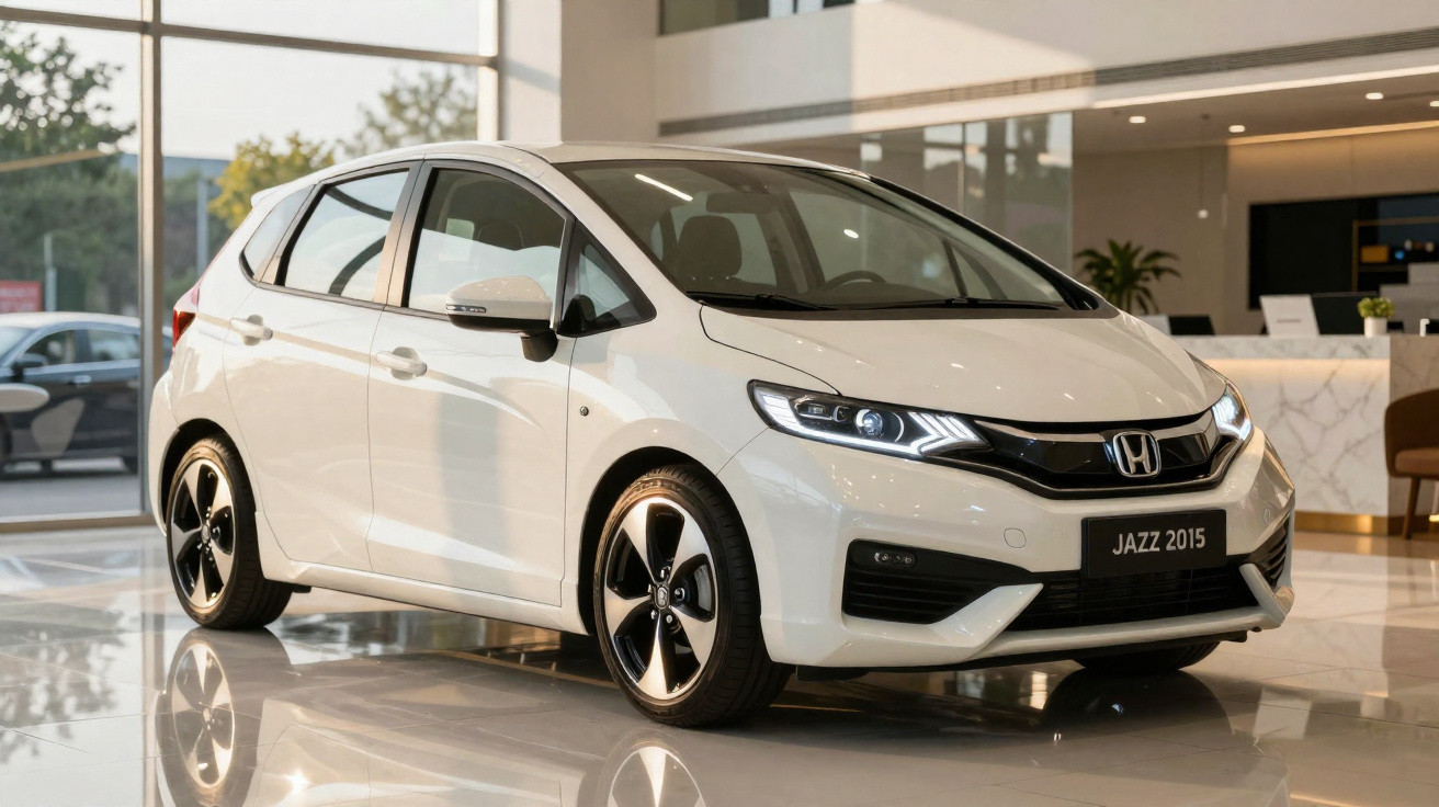 Carro branco Honda Jazz 2015 em exibição dentro de showroom moderno com piso refletivo.