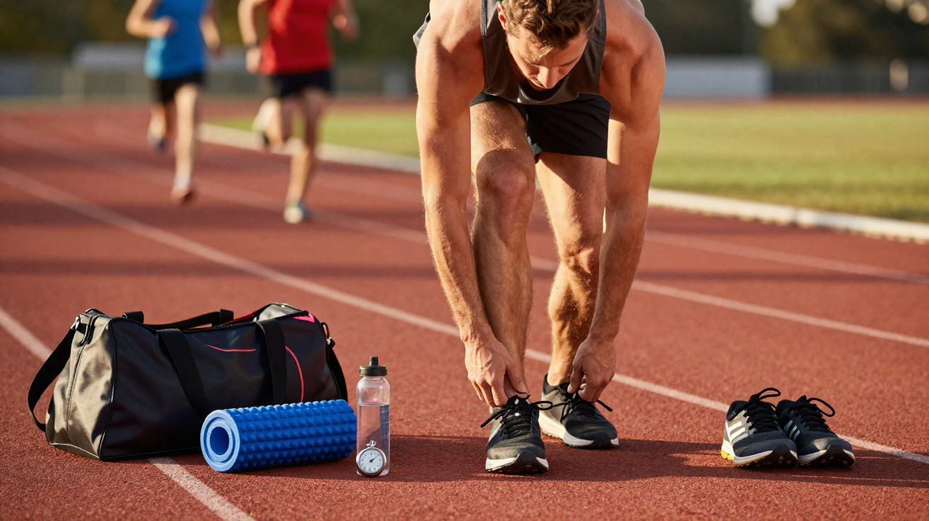 Homem amarrando tênis na pista de corrida, ao lado de bolsa, garrafa, cronômetro e tapete azul.