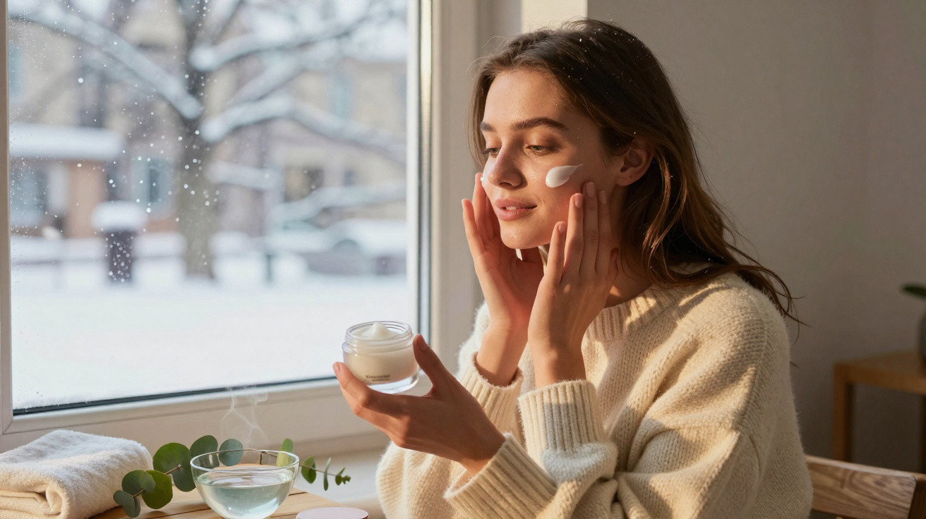 Jovem aplicando creme facial próxima a janela com neve do lado de fora, em ambiente aconchegante.