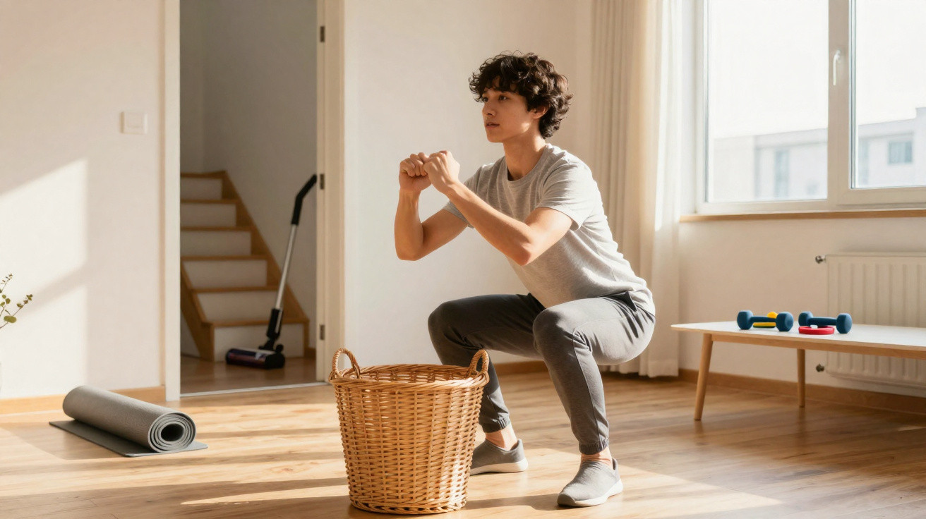 Pessoa fazendo agachamento perto de cesto de vime em sala iluminada com halteres e tapete de yoga ao fundo.