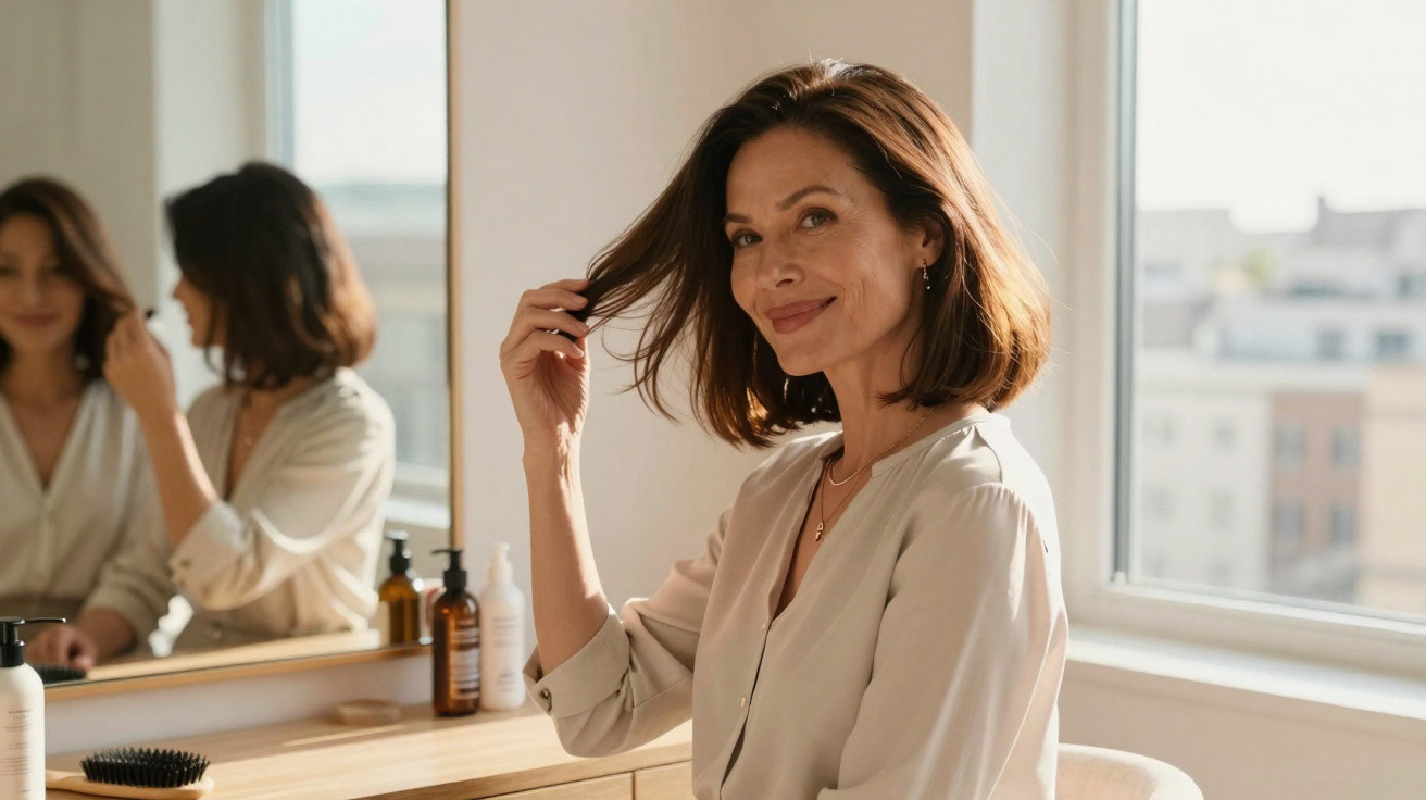 Mulher sorridente com cabelo castanho médio em ambiente claro, passando a mão pelos cabelos diante de um espelho.