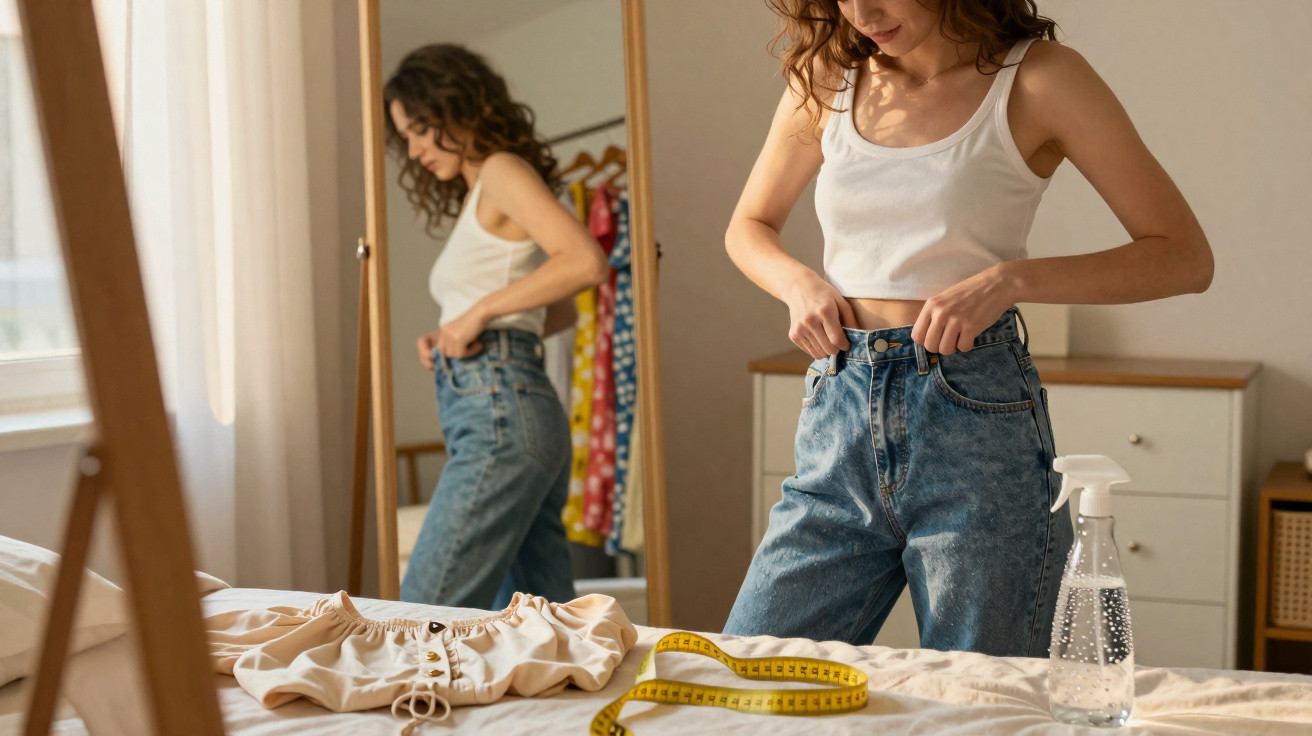 Mulher vestindo regata branca e calça jeans tentando abotoar calça em frente ao espelho no quarto.