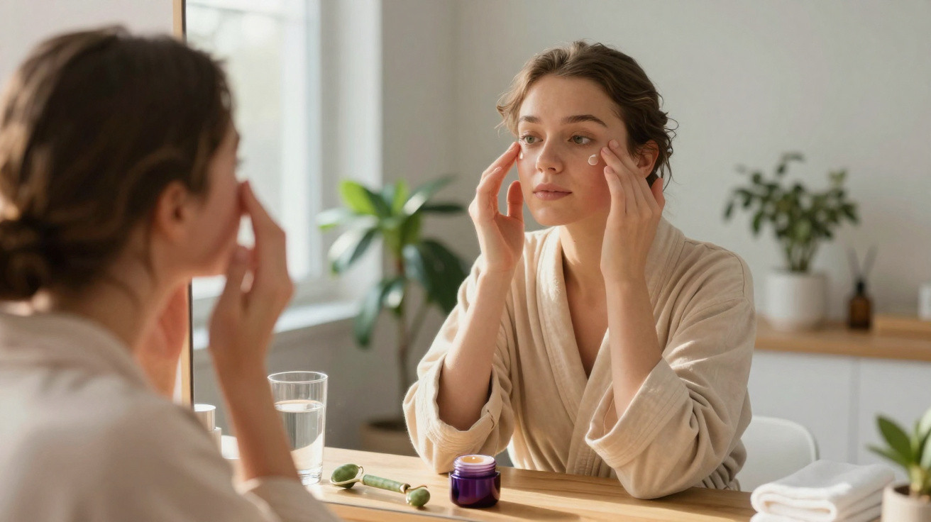 Mulher aplicando creme facial em frente ao espelho em ambiente iluminado e acolhedor.