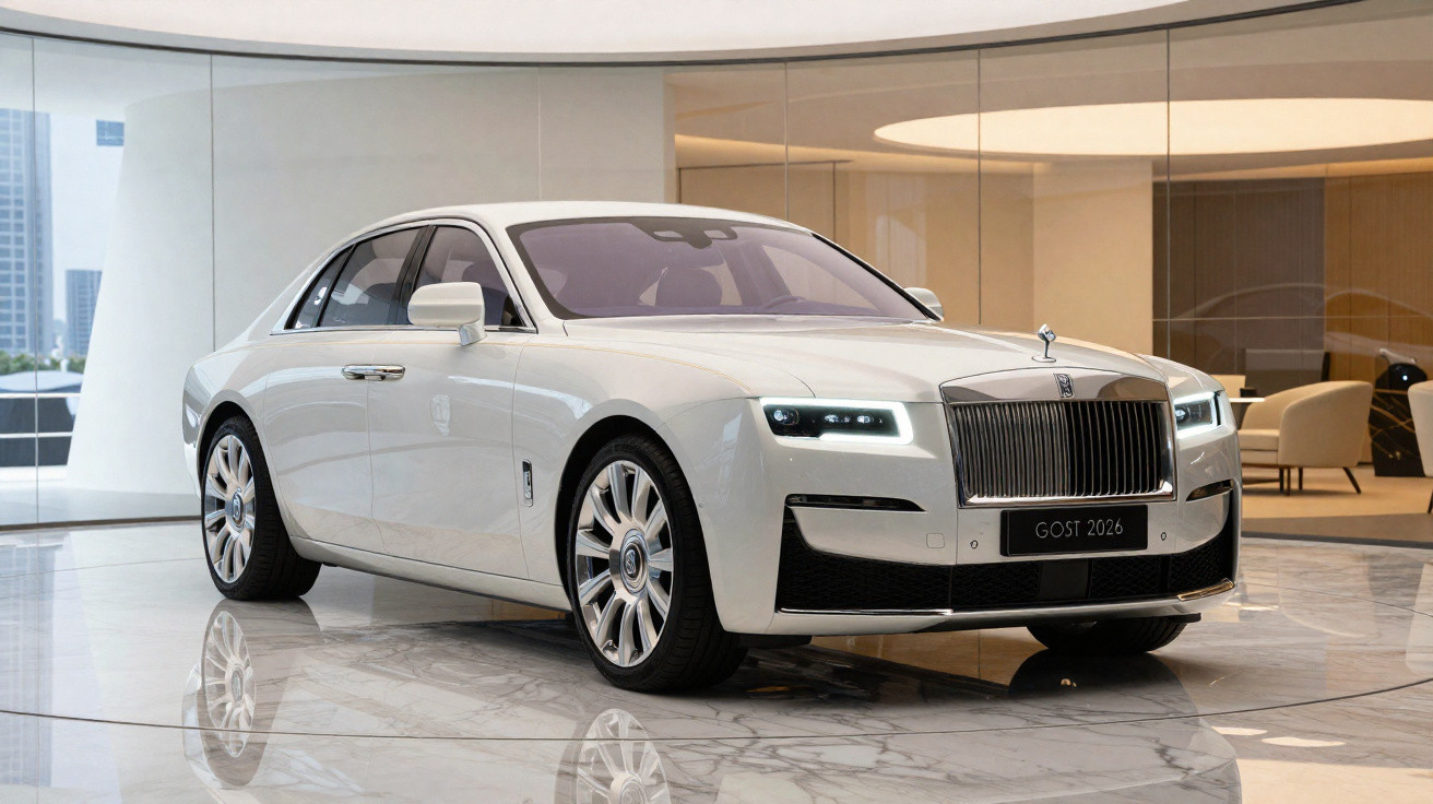 Carro de luxo branco Rolls-Royce Ghost 2026 em ambiente interno moderno e iluminado.