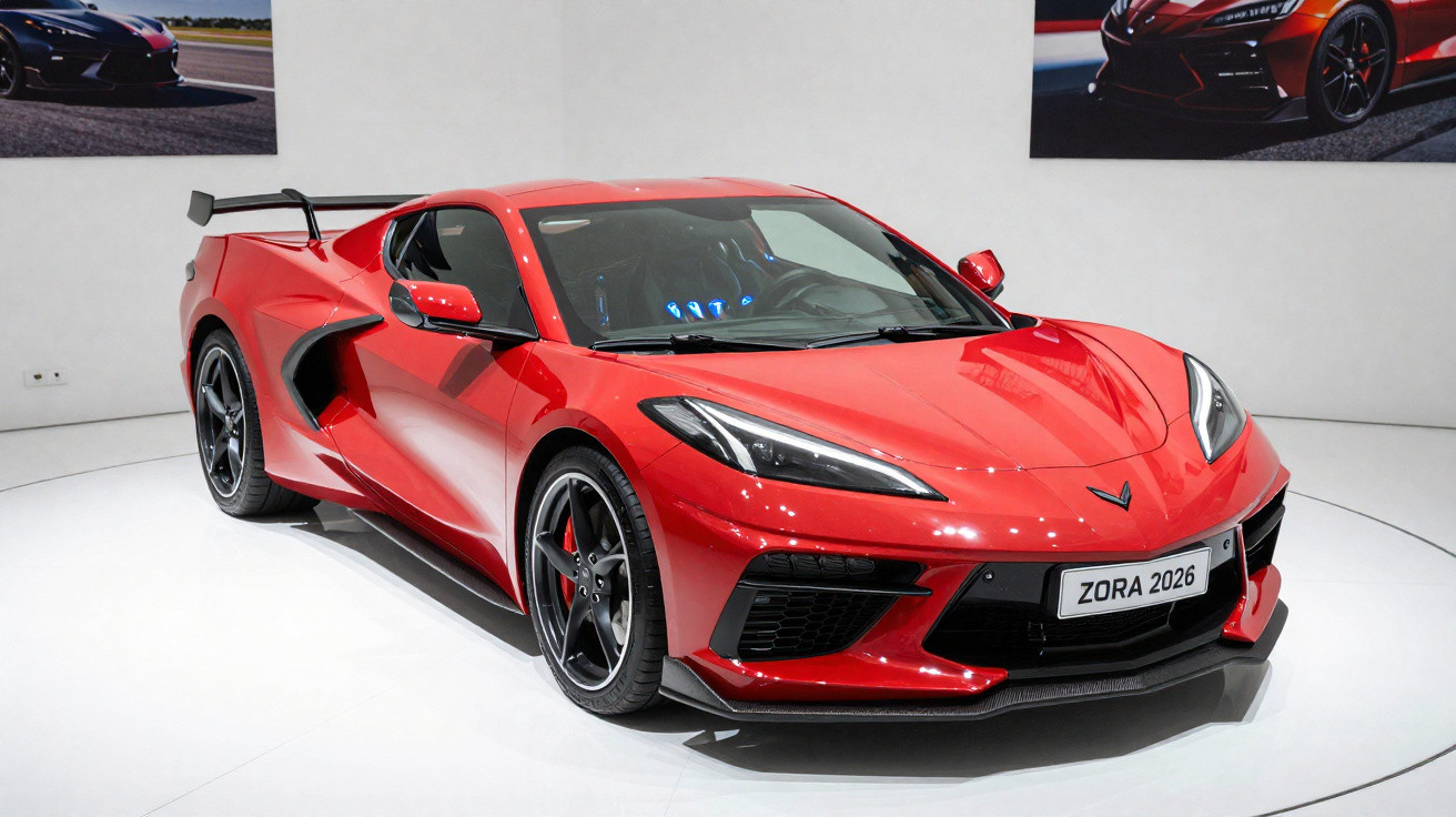 Carro esportivo vermelho com aerofólio exposto em estande de exposição automotiva.