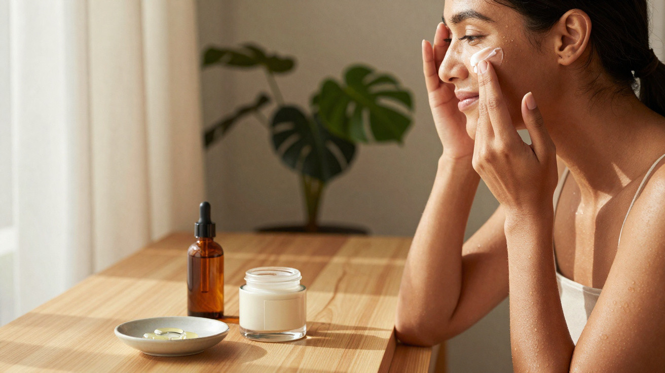 Mulher aplicando creme no rosto sentada à mesa com frasco de óleo e potes de cosméticos.