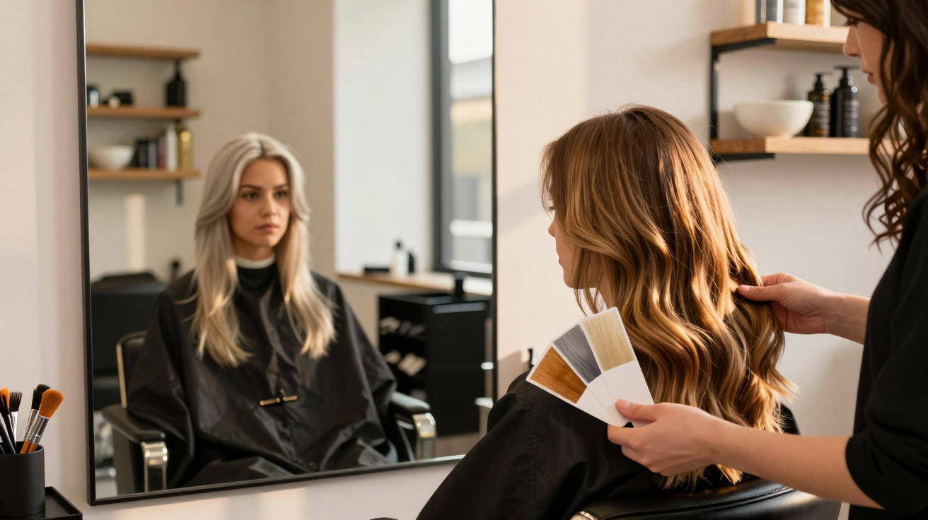Mulher sentada no salão de beleza escolhendo tom de cabelo com profissional cabelereira.