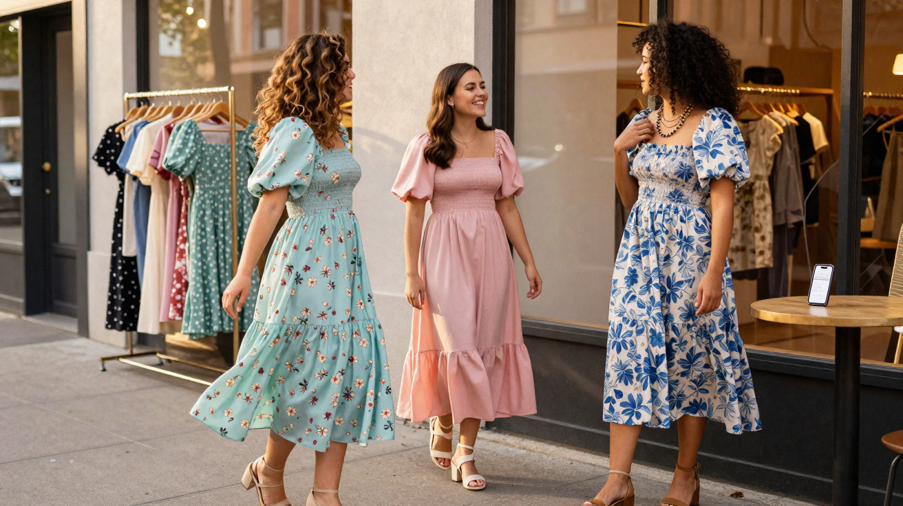 Três mulheres usando vestidos florais conversam e sorriem em calçada de rua comercial ensolarada.