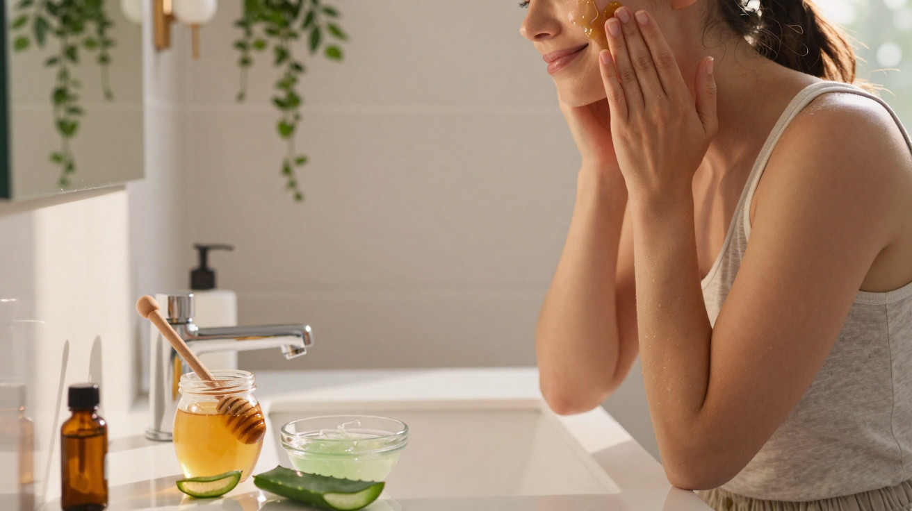 Mulher aplicando máscara facial natural com mel e ingredientes caseiros no banheiro.