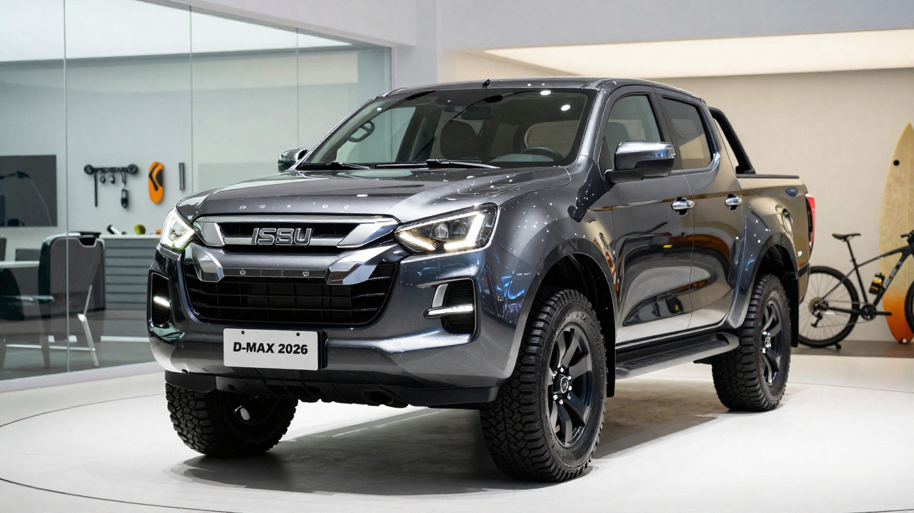 Picape Isuzu D-Max 2026 cinza exibida em ambiente interno moderno com bicicleta ao fundo.