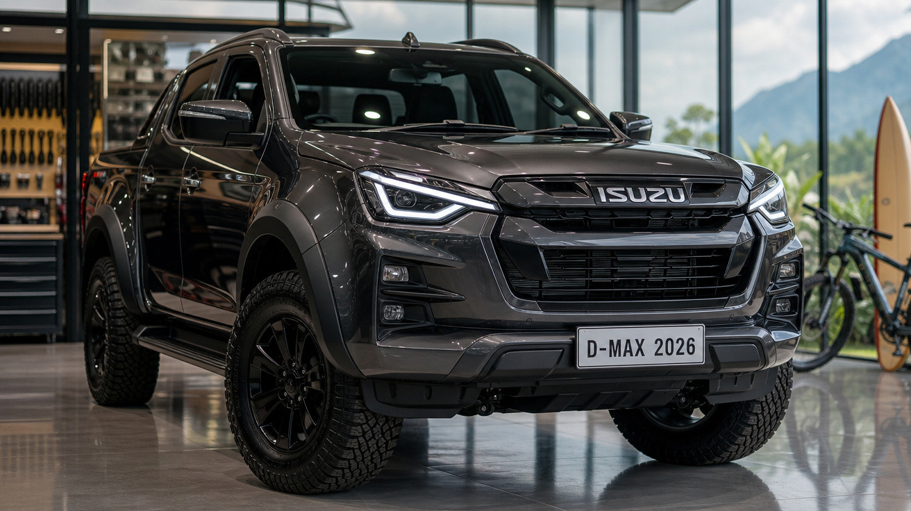Picape preta Isuzu D-Max 2026 em exposição dentro de showroom moderno com vidro e bicicletas ao fundo.