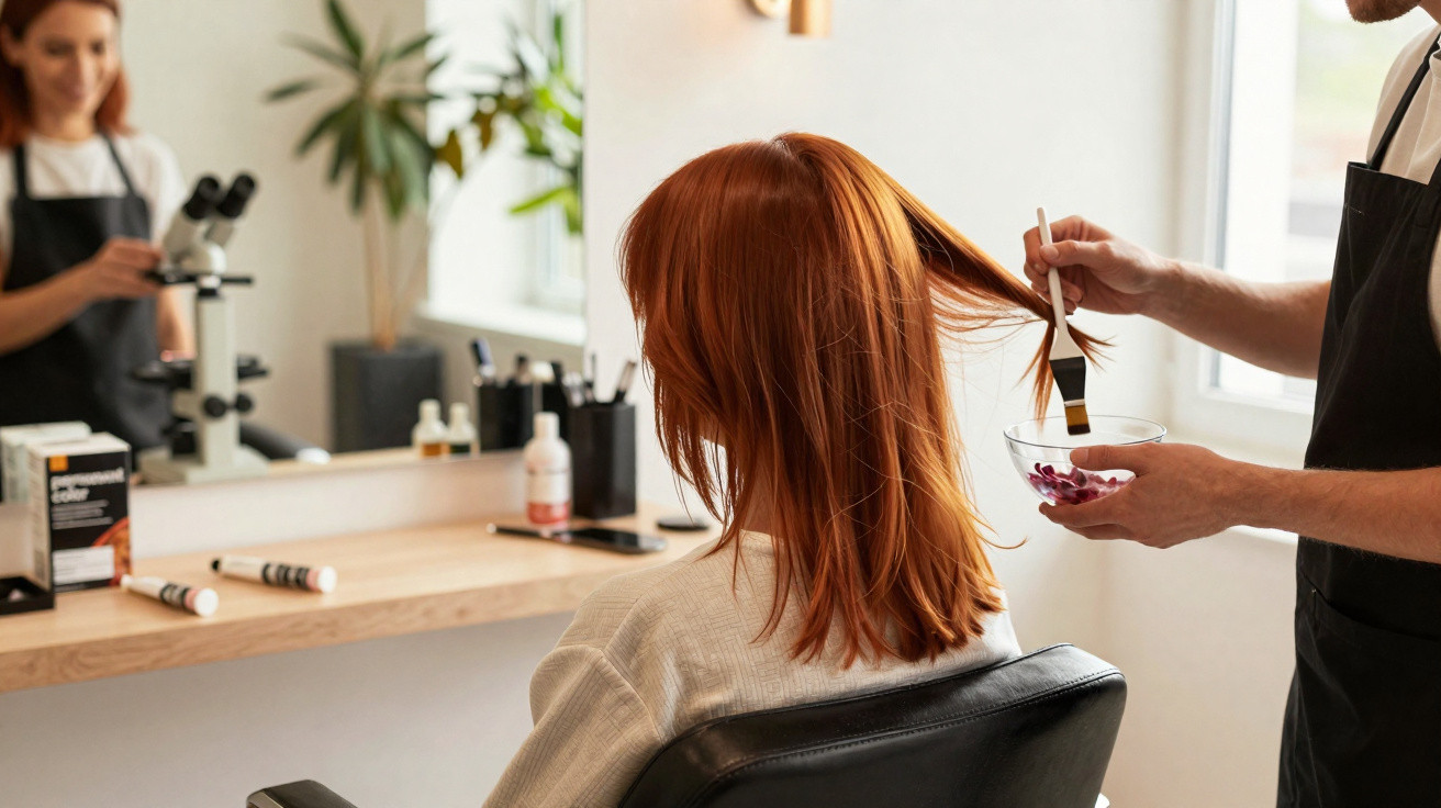 Mulher com cabelo ruivo sentado em salão enquanto profissional aplica tinta nos fios com pincel.