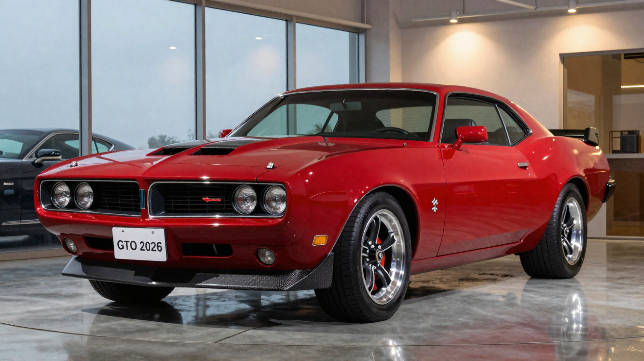 Carro esportivo clássico vermelho Pontiac GTO 2026 estacionado em área interna com piso de concreto brilhante.