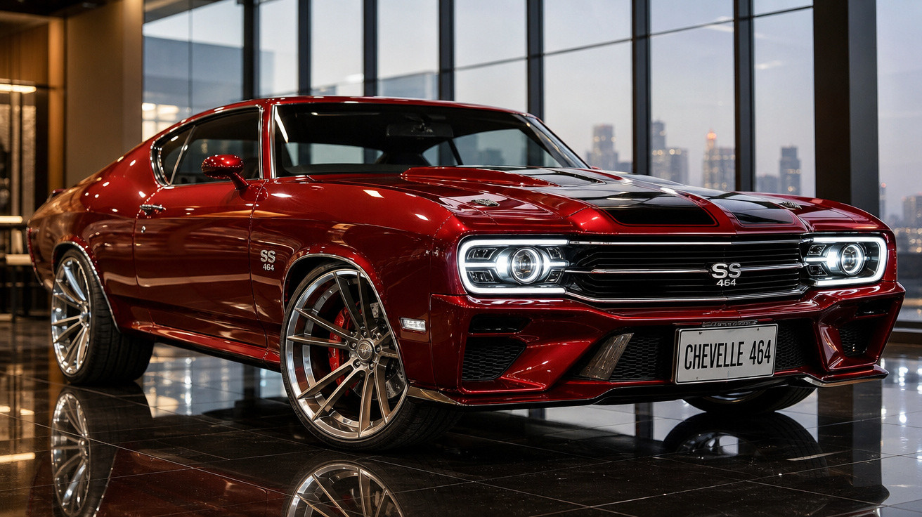 Carro clássico vermelho Chevrolet Chevelle SS 464 com rodas esportivas, em ambiente interno moderno.
