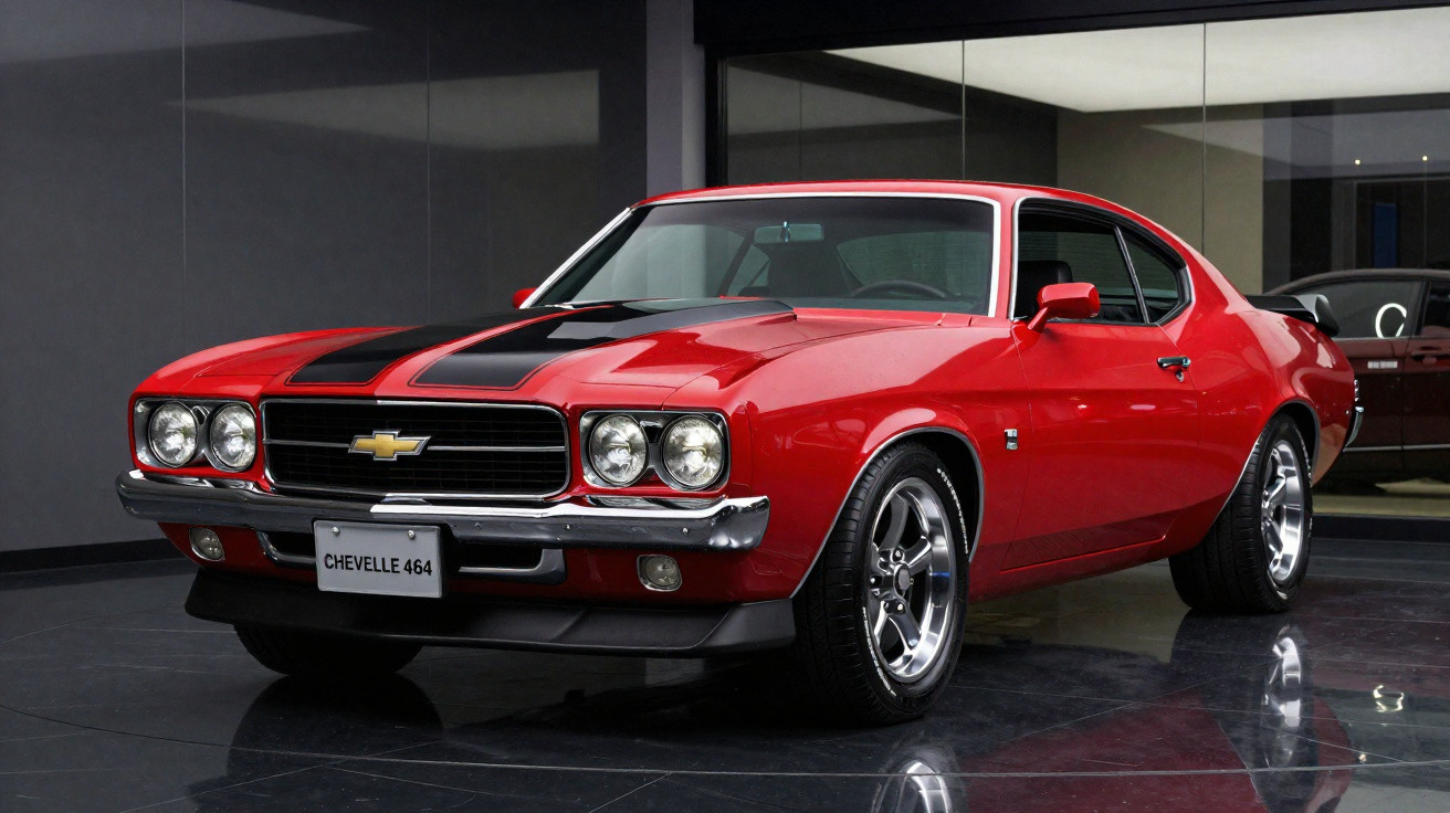 Carro clássico Chevrolet Chevelle 464 vermelho com faixas pretas, parado em ambiente moderno e refletivo.