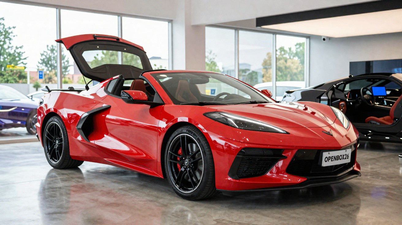 Carro esportivo vermelho conversível com capô aberto em showroom iluminado.