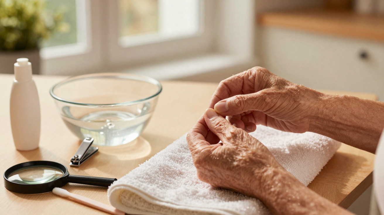 Mãos de idoso cuidando das unhas com utensílios de manicure sobre toalha branca em mesa de madeira.