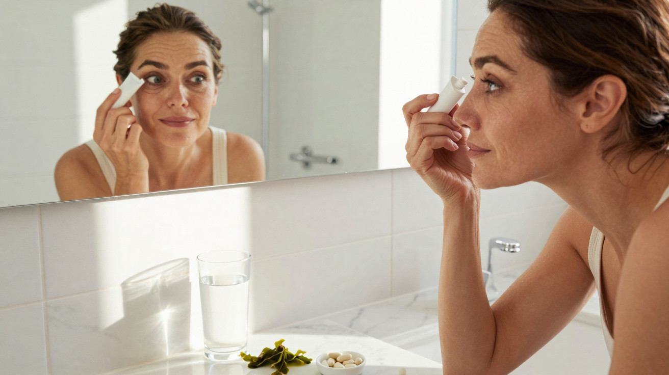 Mulher aplicando creme ao redor dos olhos em frente ao espelho no banheiro claro.